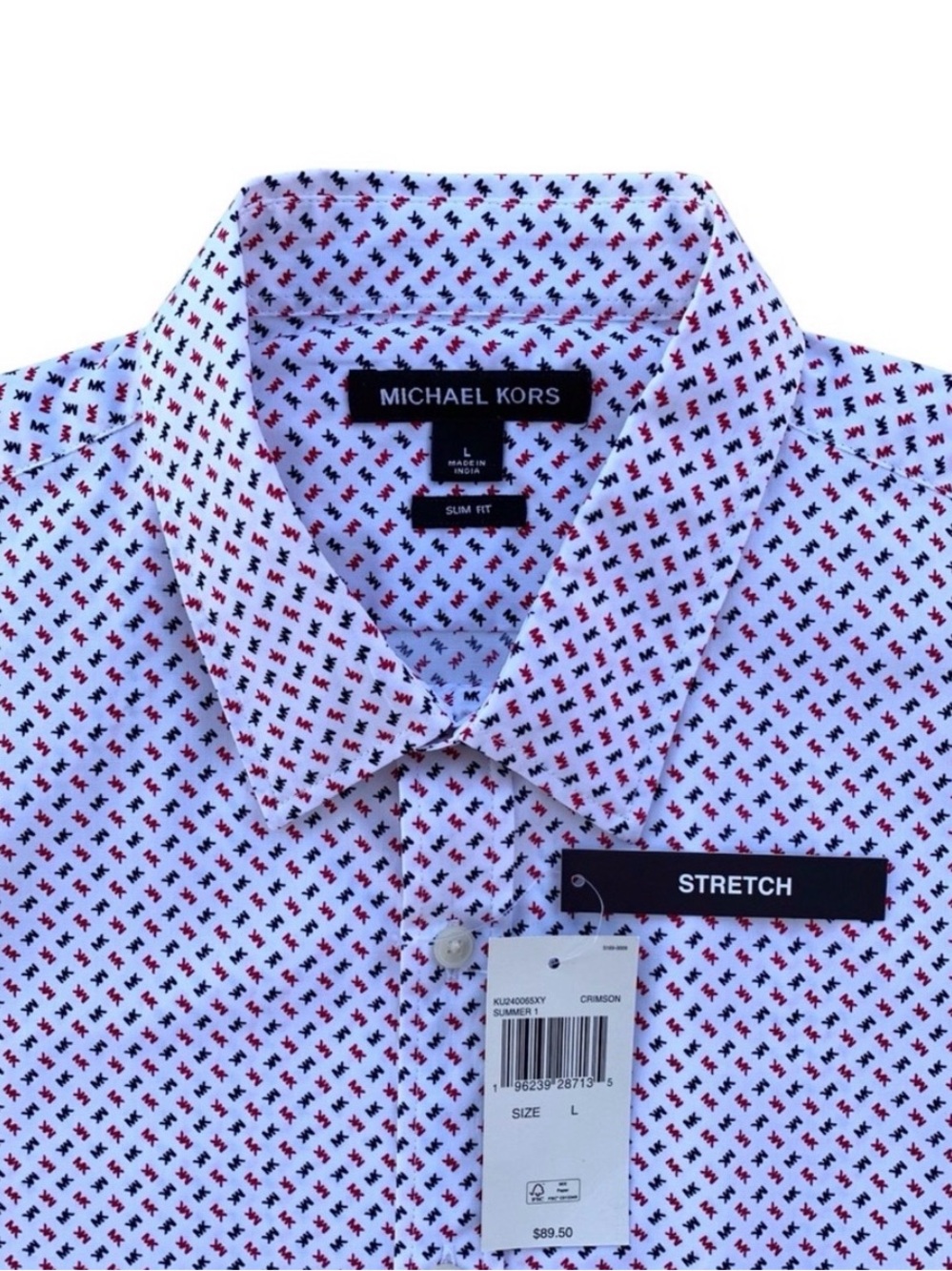 Michael Kors Slim Fit White Blue & Red Logo Button Front Short Sleeve Shirt, L